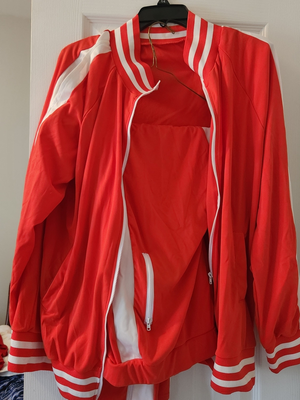Red Women's Track suit with Cold Shoulder jacket and pants. Possible 2x